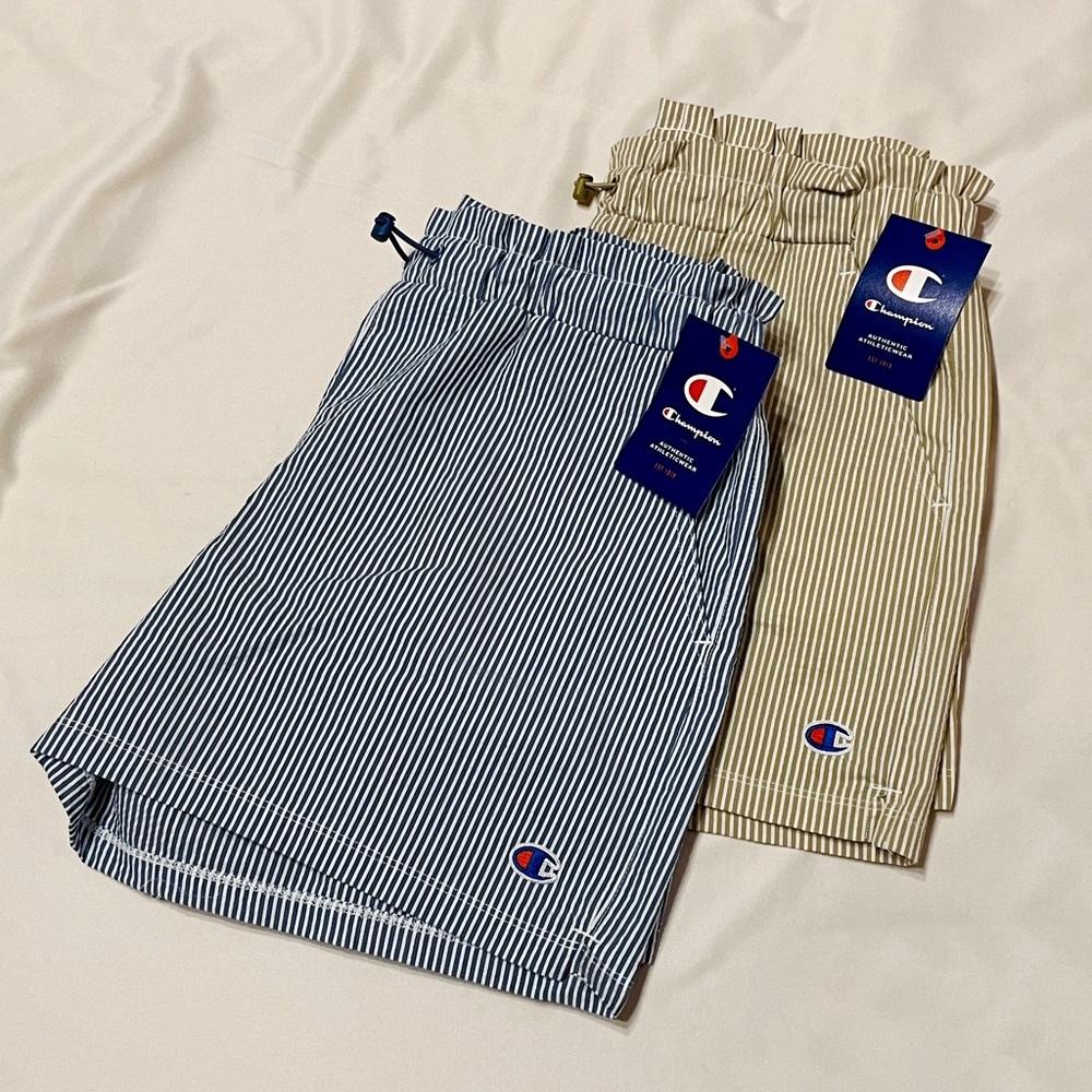 Champion Seersucker Shorts; Blue/White + Olive/ White, Small, buyer takes both